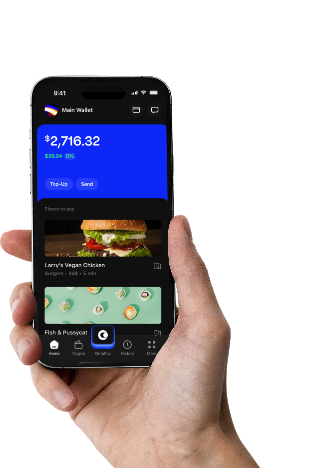 Hand holding phone with OntaPay app